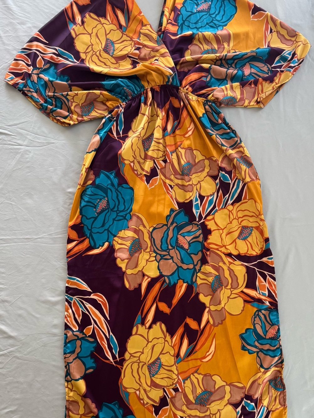 BUCKETLIST Teal, Mustard & Plum Floral Maxi Dress Kimono w/pockets